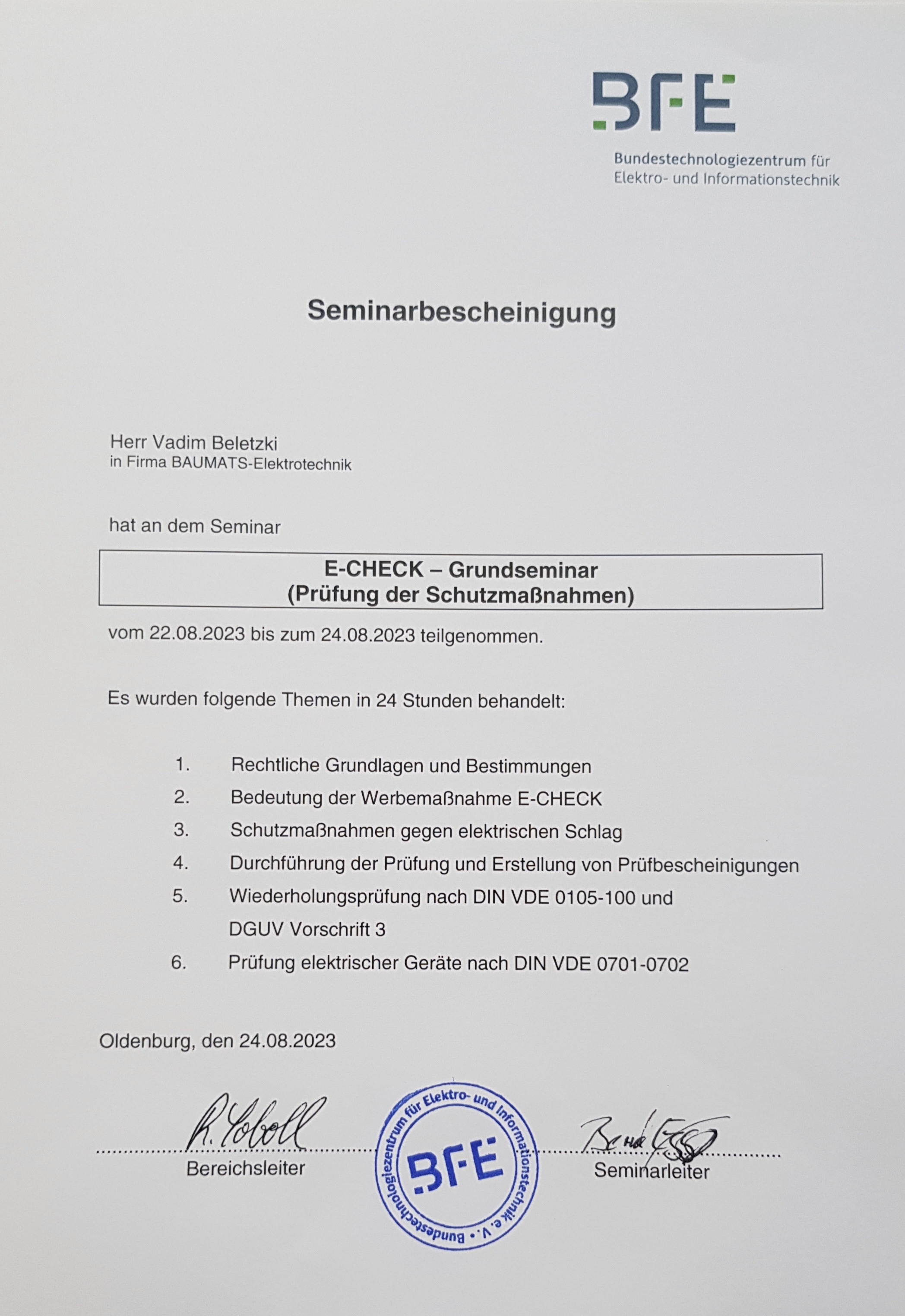 Zertifizierter E-Check Fachbetrieb